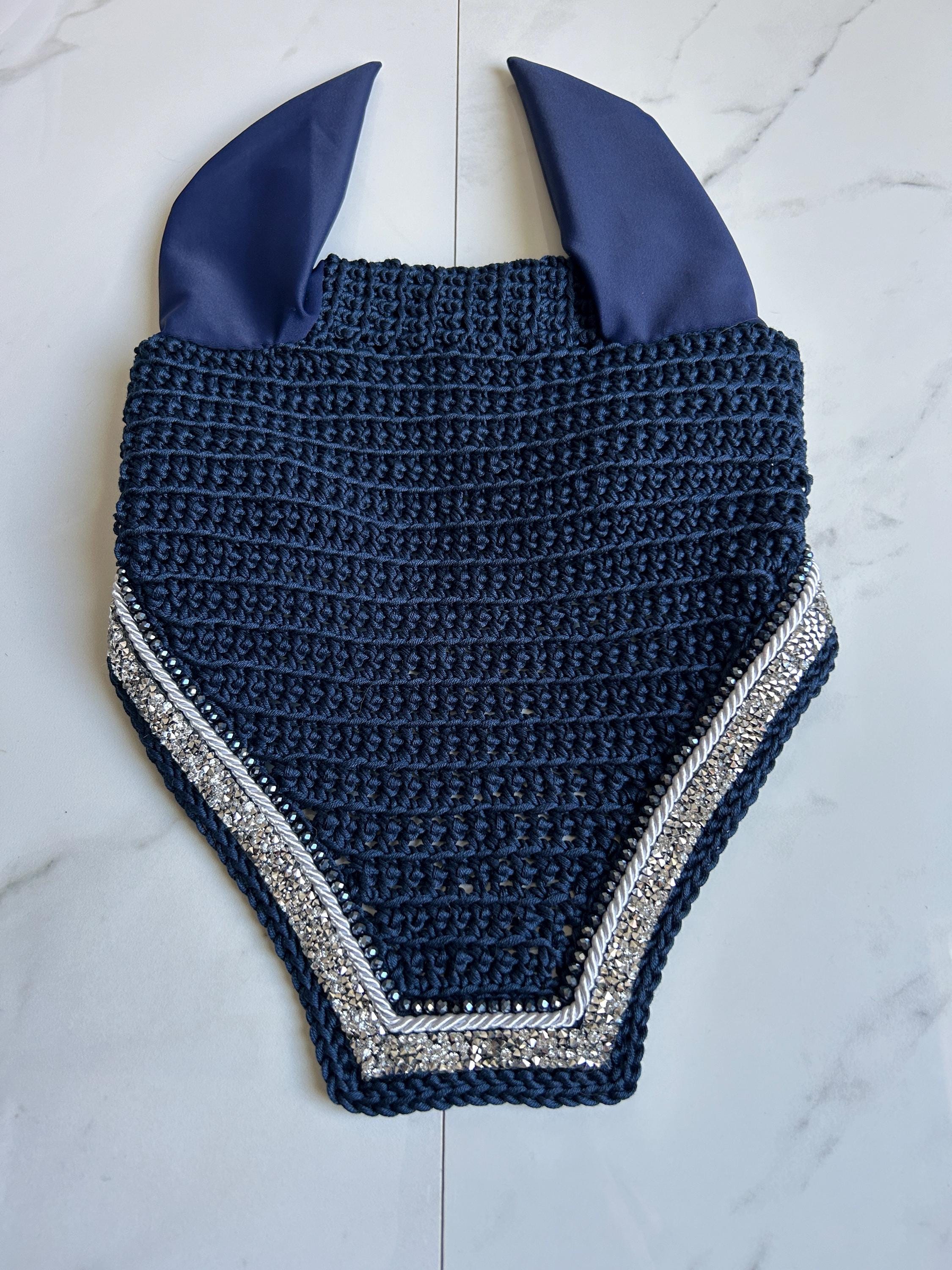 Horse Bonnet in Navy with Silver Rhinestone Ribbon and White Cord