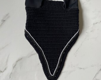 Horse Tie-down Bonnet in Black with Pearls, Cord and Crystal