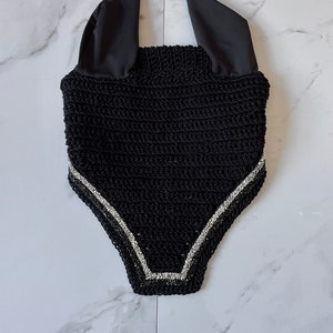 Horse Bonnet in Black with Silver and Black Skinny Rhinestone Ribbon