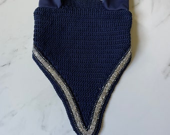 Horse Tie-down Bonnet in Navy with Silver Rhinestone Ribbon and Navy Crystal