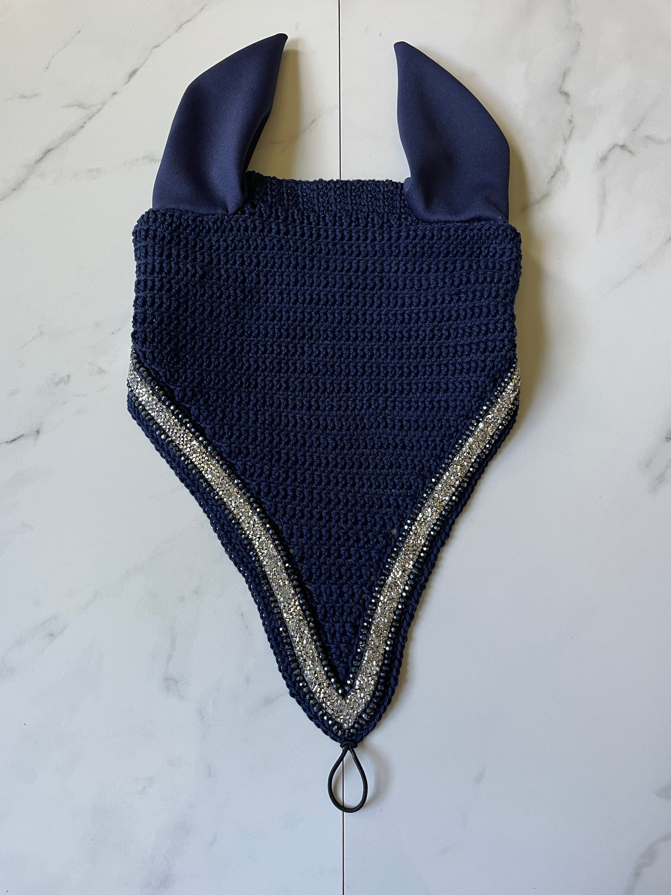 Horse Tie-down Bonnet in Navy with Silver Rhinestone Ribbon and Navy Crystal