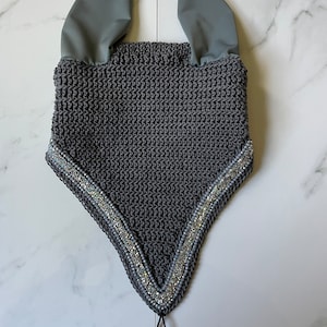 Horse Tie-down Bonnet in Charcoal with Silver Rhinestone Ribbon and Grey Crystal