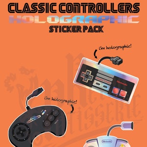 May include: A set of three holographic stickers featuring classic video game controllers. The stickers feature a Nintendo Entertainment System controller, a Sega Genesis controller, and a Nintendo 64 controller. Each sticker has the text "I'm holographic!" written next to it.