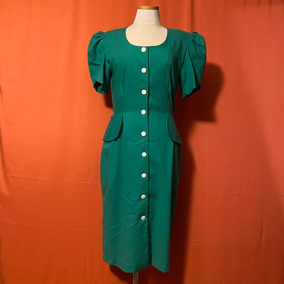 1980s Sansâge Green Button-Front Peplum Dress