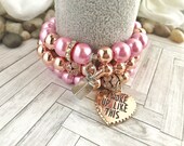 Pink beads, copper beaded charm bracelet set for women, quot I woke up like this quot charm, lipstick charm