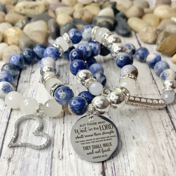 Blue and silver beaded gemstone bracelet with silver charms, Charm bracelet, Stretch bracelet