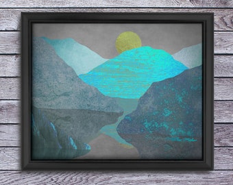 Turquoise mountains artwork Abstract landscape print Water reflection blue mountain scenery Office art