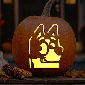 May include: A carved orange pumpkin featuring a glowing cutout design of the cartoon character Bluey. The jack-o'-lantern displays the dog's head with tall ears and a snout, illuminated from within to create a bright yellow light effect.