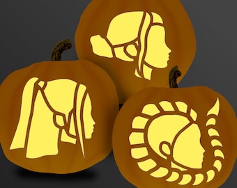 May include: Three orange pumpkins with carved silhouettes of women's faces. Each pumpkin features a different hairstyle, including a ponytail, a bun, and a braided design. The pumpkins are lit from within, creating a glowing effect.