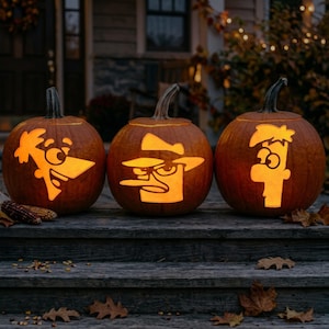 May include: Three orange pumpkins carved with glowing faces of cartoon characters. The left pumpkin features a triangular-headed character, the center shows a platypus wearing a fedora, and the right pumpkin displays a rectangular-headed character.