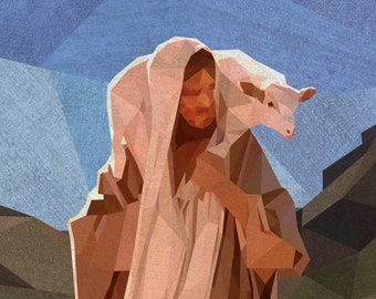 Jesus Trägt Lamm Print Low Poly Kunst Guter Hirte christliche Wand Kunst Home oder Kirche Dekor Taufe Geschenk Bibel Bild Verlorenes Schaf