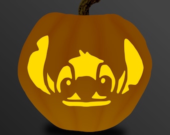 May include: A carved pumpkin with a glowing Stitch face. The pumpkin is orange with a dark green stem. The face is cut out to reveal a yellow glow, creating a festive Halloween decoration.