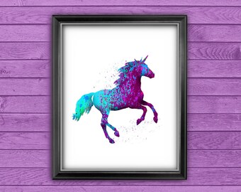 Unicorn printable abstract artwork, Purple turquoise magical mystical animal, Children's bedroom wall art digital download JPG and PDF