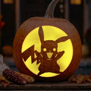 Może przedstawiać: Wyrzeźbiona pomarańczowa dynia z okrągłym wycięciem, które podświetla sylwetkę postaci Pikachu. Wzór przedstawia stworzenie z długimi uszami, ogonem w kształcie błyskawicy i otwartymi ustami, świecące od wewnątrz.