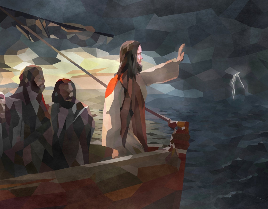 Jesus Art Calming the Sea of Galilee Jesus Print Low Poly Artwork