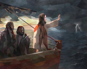 Jesus art Calming the sea of Galilee Jesus print Low poly artwork Christian wall art Jesus picture Master the tempest is raging Stormy Boat