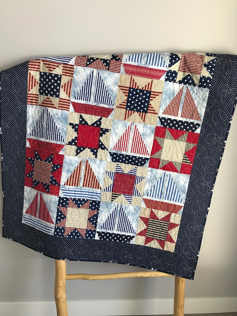 Nautical Quilt, Stars and Sailboats Quilt, Wallhanging or Throw