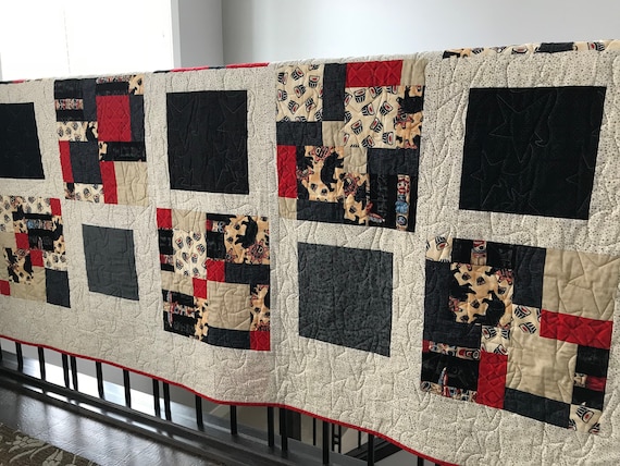 Modern Quilted Throw or Wall Hanging Black Red and Beige Throw Quilted Blanket Totem Pole and Bear Motif Etsy