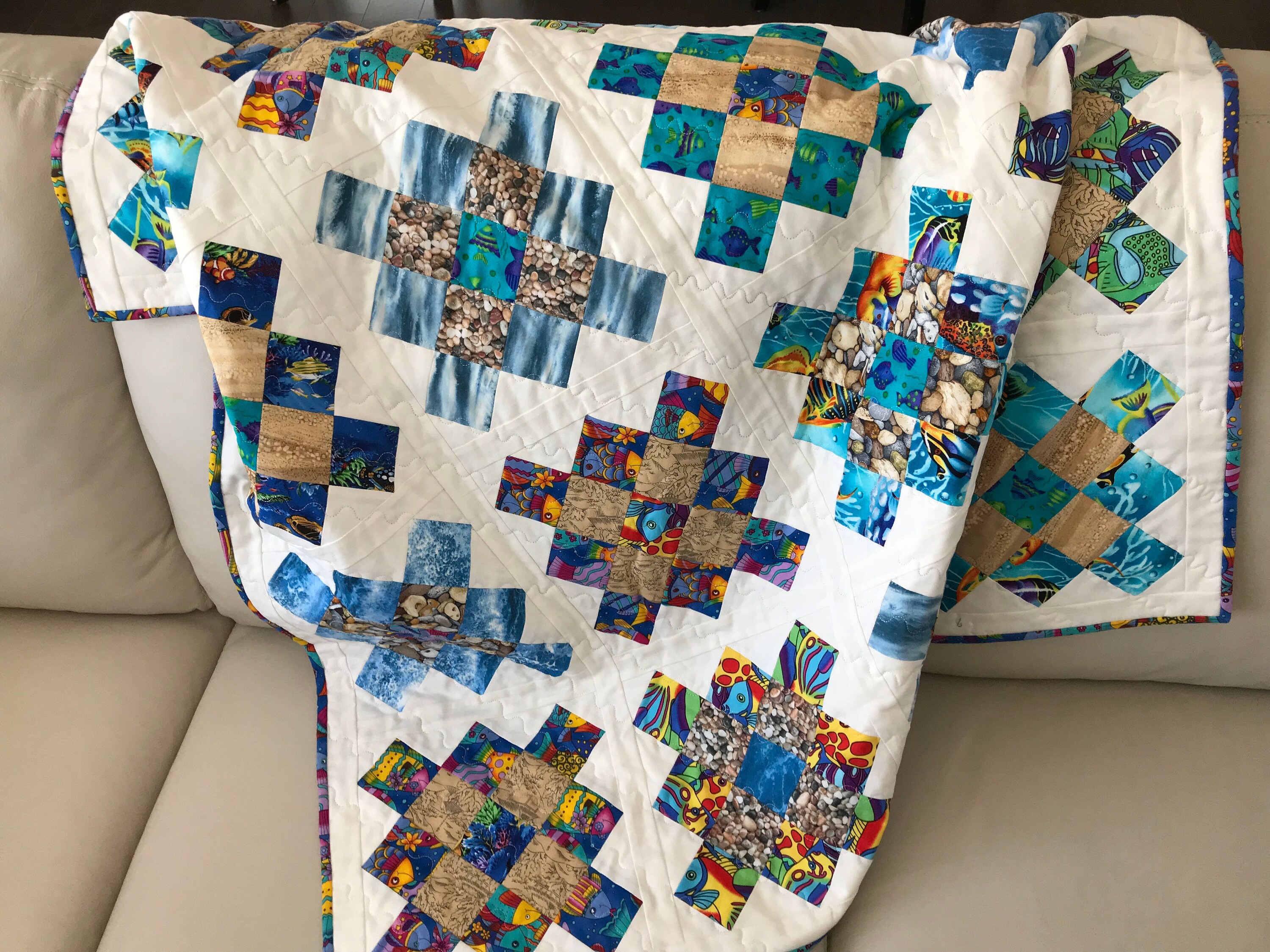 Beach Themed Baby Quilt, Baby Blanket, Blue and White Quilt, Granny