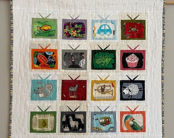Quilted Wallhanging, Tiny TVs, 21 inches square, with hanging sleeve