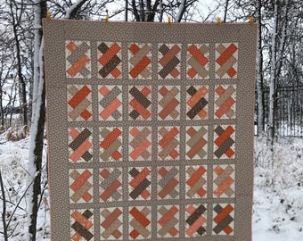Handcrafted quilt or blanket, throw quilt, orange, brown and beige, 57 x 51 inches