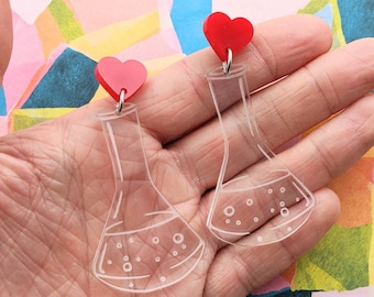 Love Conical Flask Earrings. Chemical Glassware Earrings, Chemistry Earrings. Laser Cut Acrylic Earrings. Chemical Flask Jewellery.