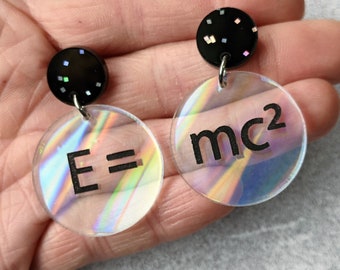 E=mc2 Equation Earrings in Iridescent Acrylic. Laser Cut Acrylic Science Earrings.
