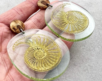 Nautilus Earrings. Laser Cut Acrylic Nautilus Earrings. Stem Earrings. Fossil Earrings