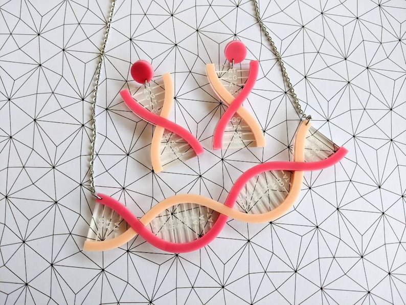 Genetics Jewellery Science STEM jewellery Acrylic Jewellery Double Helix Jewellery Yellow and Green DNA Necklace and DNA Earrings Set