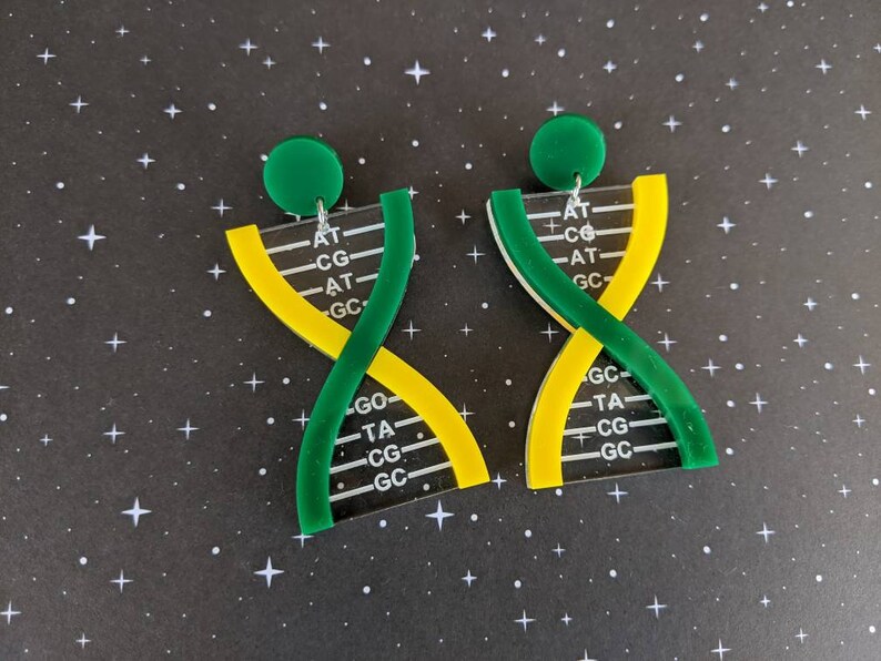 Genetics Jewellery Science STEM jewellery Acrylic Jewellery Double Helix Jewellery Yellow and Green DNA Necklace and DNA Earrings Set