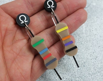 Laser cut acrylic Resistor Earrings with Ohm toppers