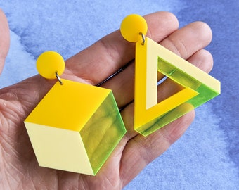 Asymmetrical Geometric Earrings in Yellow Tone Acrylics