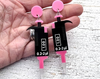 Micropipette Earrings in Pink and Black. STEM Laser Cut Acrylic Earrings