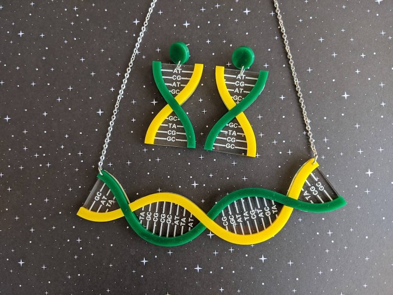 Genetics Jewellery Science STEM jewellery Acrylic Jewellery Double Helix Jewellery Yellow and Green DNA Necklace and DNA Earrings Set