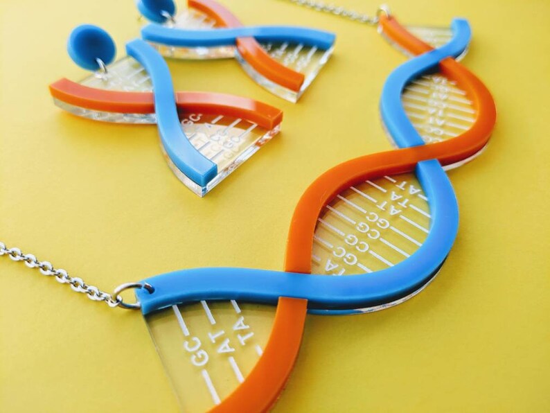 Genetics Jewellery Science STEM jewellery Acrylic Jewellery Double Helix Jewellery Yellow and Green DNA Necklace and DNA Earrings Set