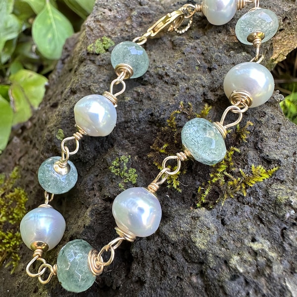 Creamy white South Sea pearl and gemstone (Moss Aquamarine) bracelet in 14k gold filled.
