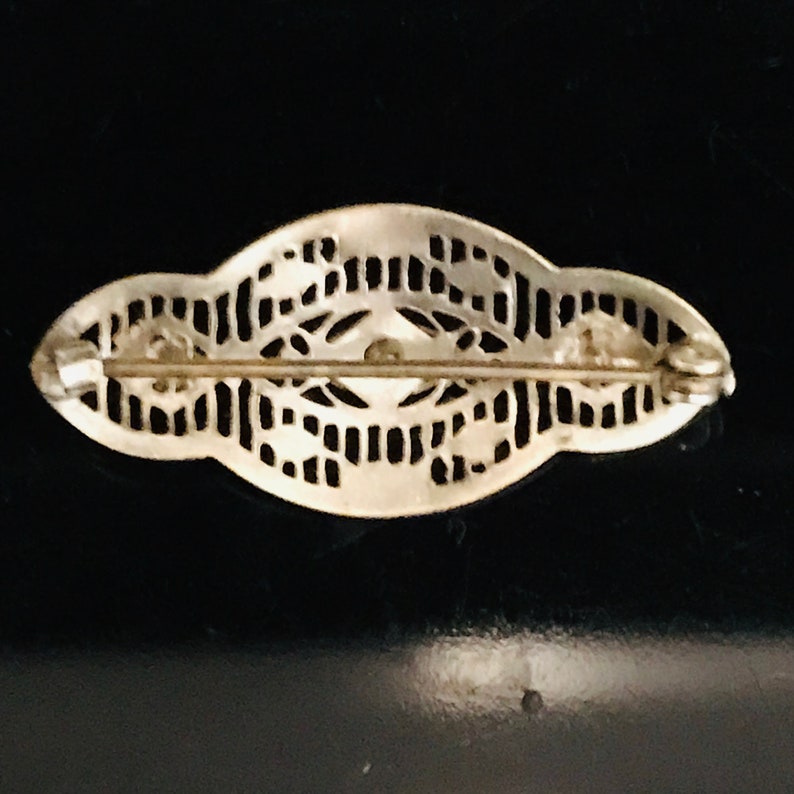 Antique Bar Pin Brooch Jewelry Pin Collectible Austrian Black rhinestones with clear center stone Ornate detail dainty Victorian