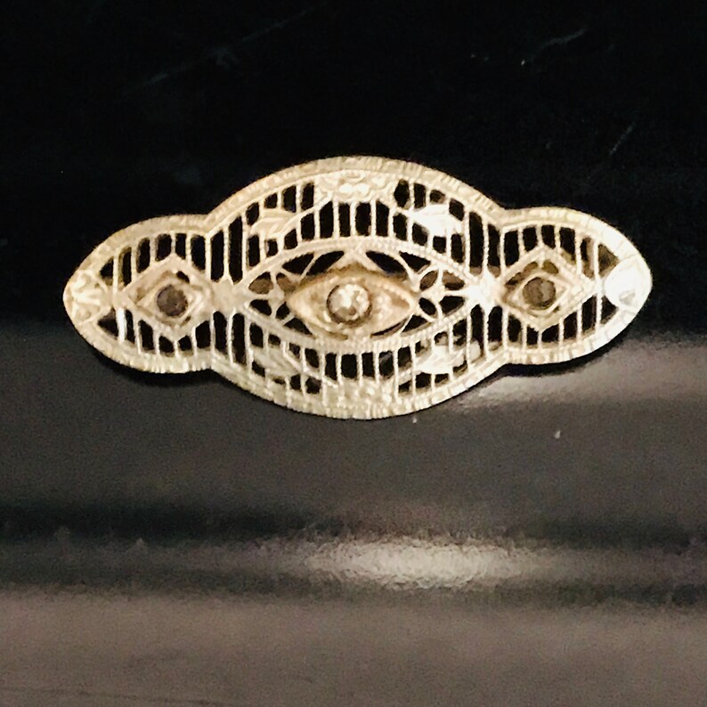 Antique Bar Pin Brooch Jewelry Pin Collectible Austrian Black rhinestones with clear center stone Ornate detail dainty Victorian