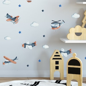Airplane Wall Stickers Helicopter Decals Clouds Stars Nursery Decor Boys room Blue Playroom, LF496