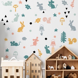 Mouse Wall Decal Forest Animals Stickers Scandi Woodland Leaves Bunny squirrel  , LF132