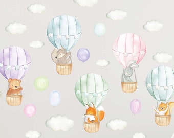 Forest Animals Hot Air Balloon Decals Woodland Clouds Nursery Stickers, LF415