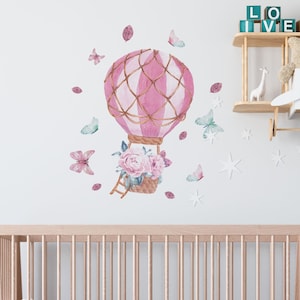 Hot Air Balloon Wall Decal Flowers Stickers Peony Green Leaves,Butterfly, LF175
