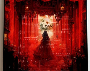 May include: A red and black poster with a woman in a long dress standing in a doorway. The doorway is decorated with red curtains and a chandelier. The text on the poster reads "Close your eyes and let music set you free."