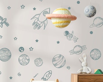 Outer Space Wall Decals Solar System Stickers Boys Girls Play Room nursery kids Space Ship Astronaut Rocket Planet Stars Sun, LF477