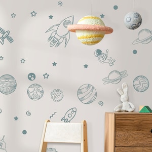 Outer Space Wall Decals Solar System Stickers Boys Girls Play Room nursery kids Space Ship Astronaut Rocket Planet Stars Sun, LF477