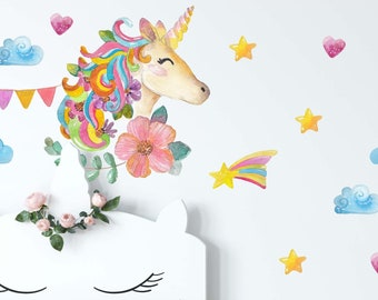 Unicorn decal Watercolor nursery girls room stickers, Rainbow Decor LF049