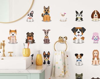 May include: White wallpaper with a repeating pattern of cartoon dogs in various breeds and colors. The dogs are all sitting down and facing forward. The wallpaper is in a bathroom setting with a white sink and a mirror.