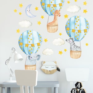 Hot Air Balloons Wall Decals Moon Stars Stickers Nursery Decor Safari Animals Watercolor Clouds, LF54