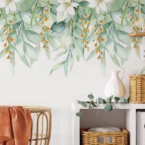 Hanging Plants White Yellow Flowers Greenery Wall Stickers Floral Vines Green Leaves Decals Bathroom Bedroom Nursery Decor LF526