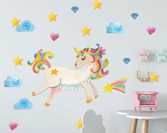 Licorne décalque Aquarelle mur Sticker Horse Stars Rainbow, LF201
